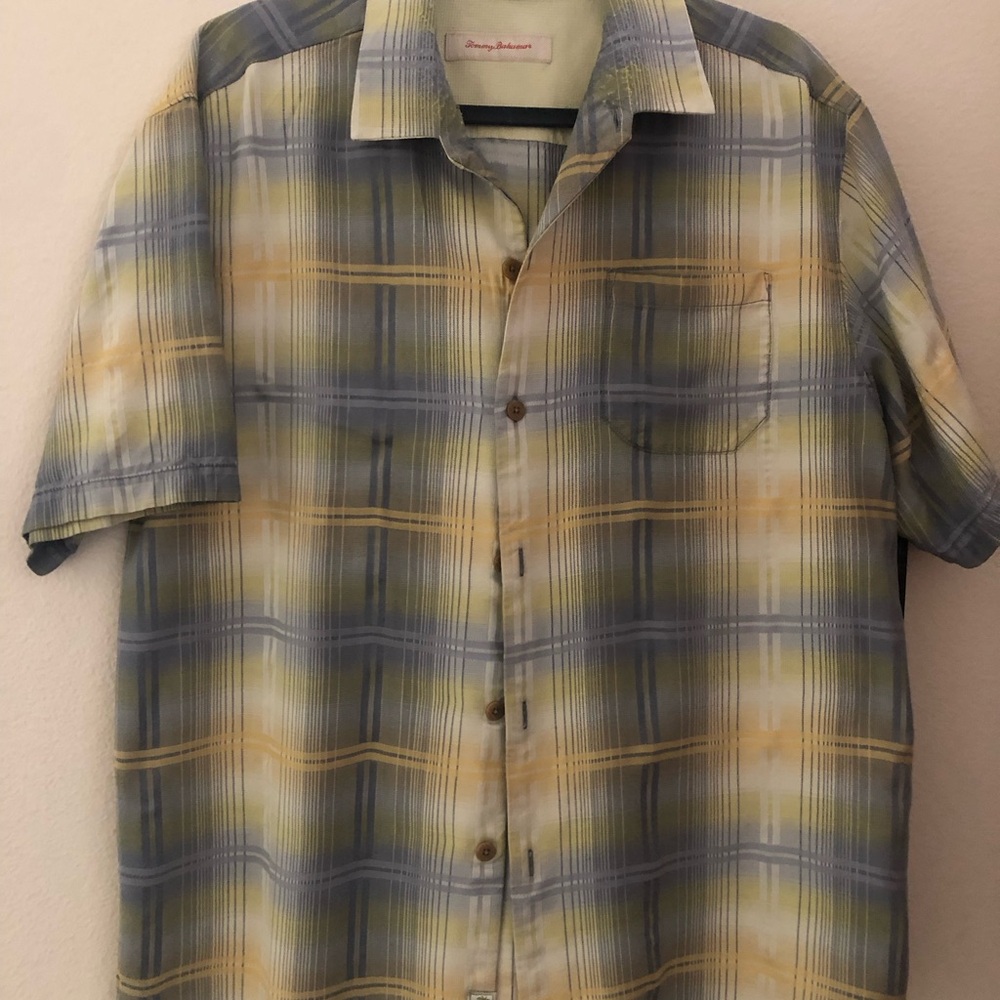 Tommy Bahama Men's Blue and Yellow Plaid Shirt